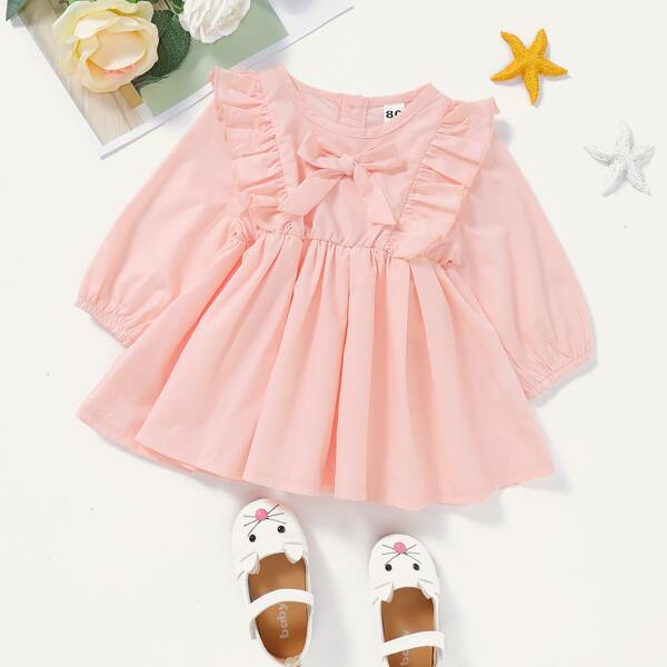 

Baby Girl Bow Front Ruffle Trim Dress, Pastel baby pink