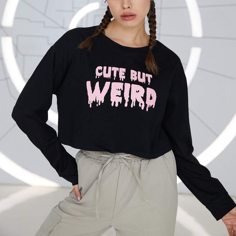 

Slogan Graphic Crop Tee, Black