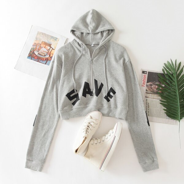 

Slogan Graphic Half Zip Drawstring Hoodie, Light grey