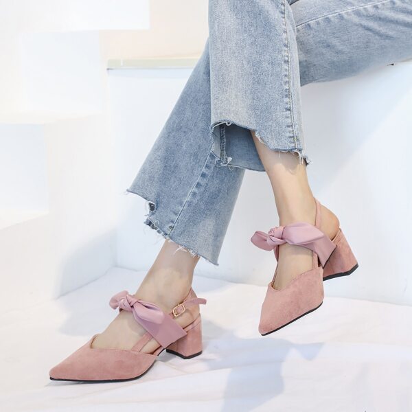 

Bow Decor Slingback Chunky Heeled Pumps, Pink