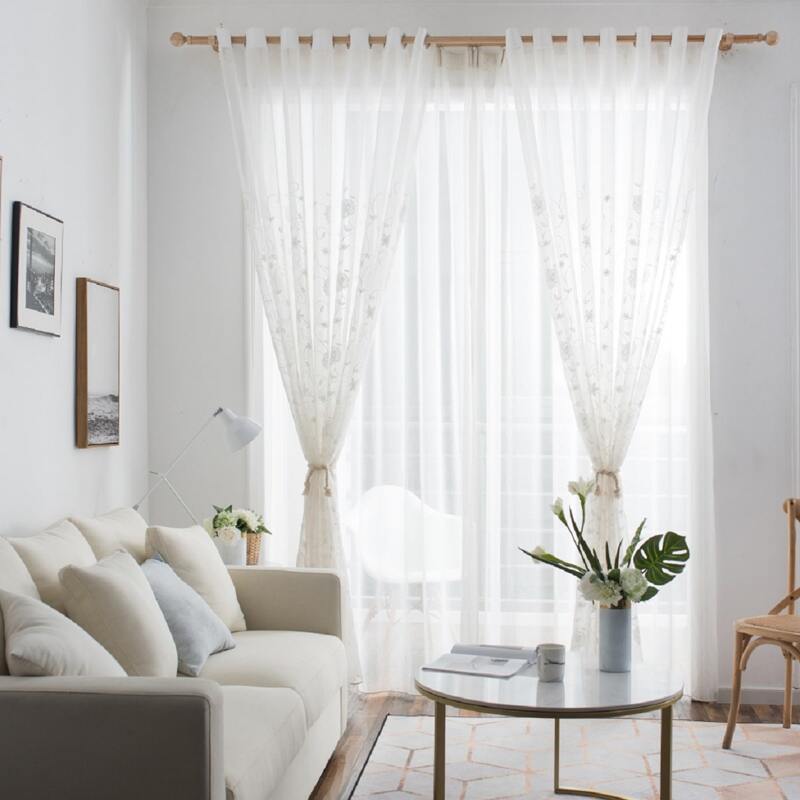 

1pc Flower Embroidery Curtain, White
