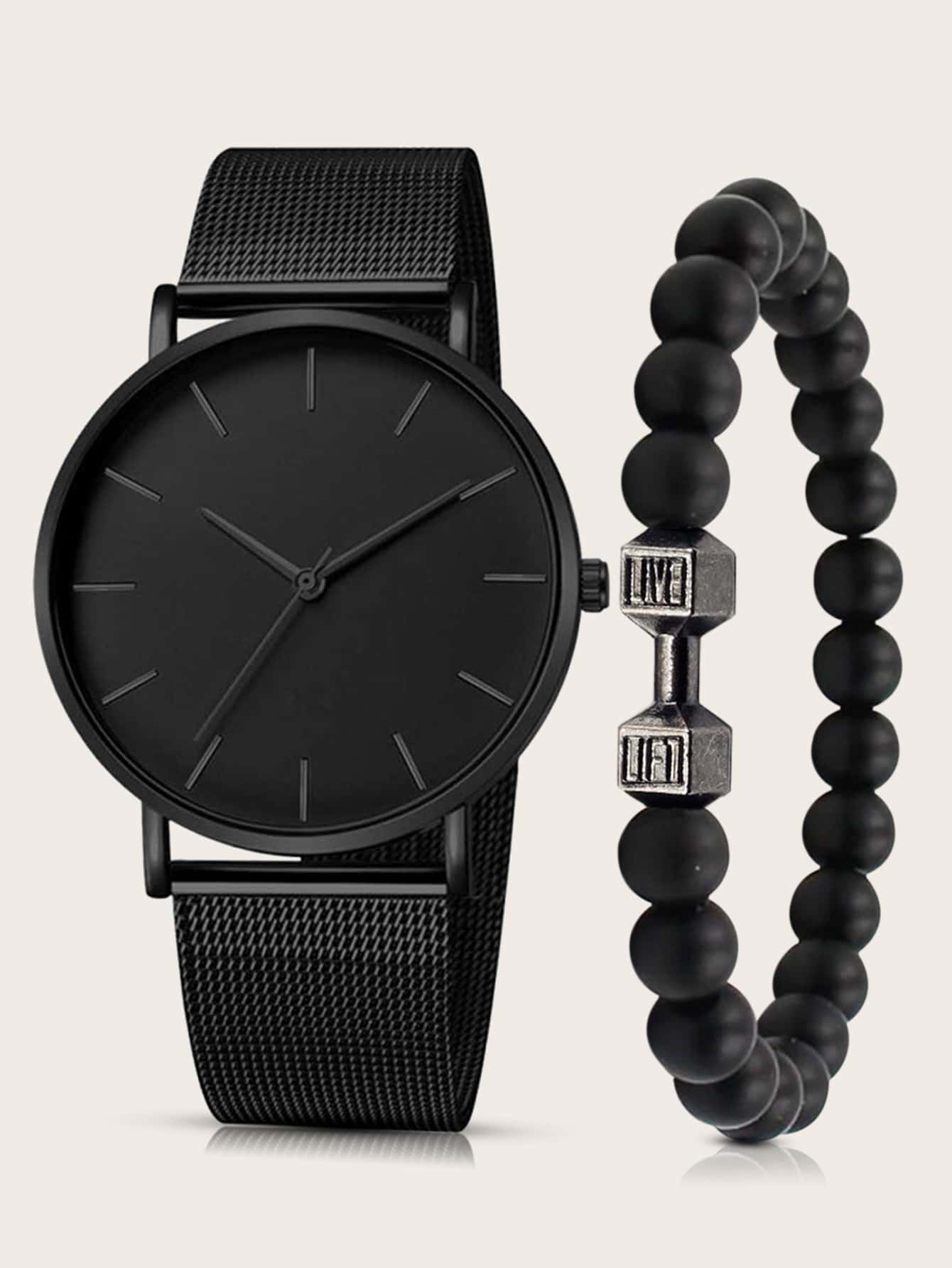 1pc Mesh Strap Minimalist Watch & 1pc Bracelet - Black - View 1