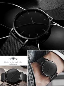 1pc Mesh Strap Minimalist Watch & 1pc Bracelet - Black - View 2