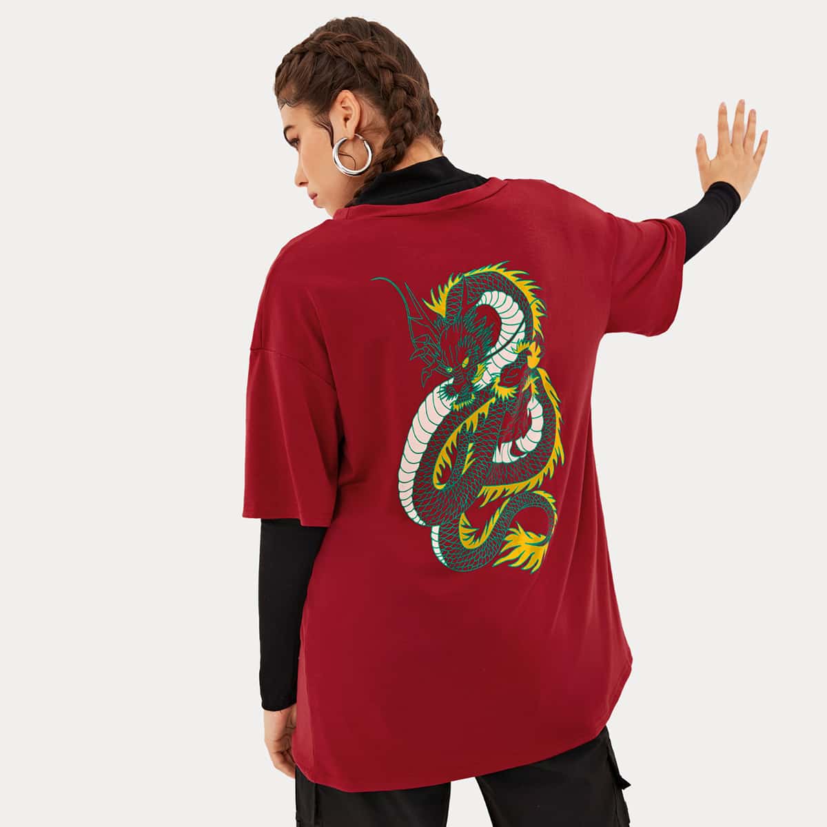 

Chinese Dragon Graphic Oversized Tee, Burgundy