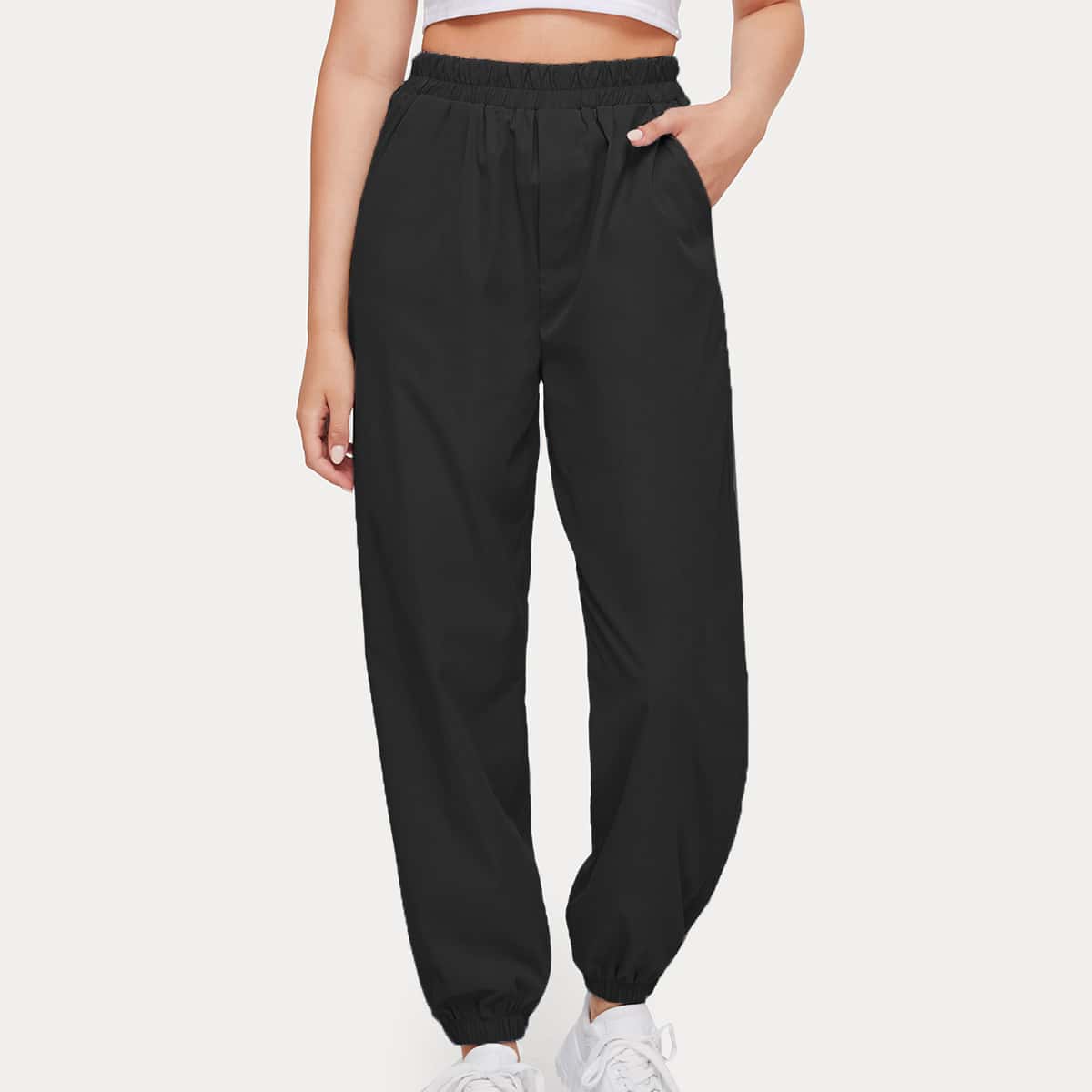 

Solid High Waist Sweat Joggers, Black