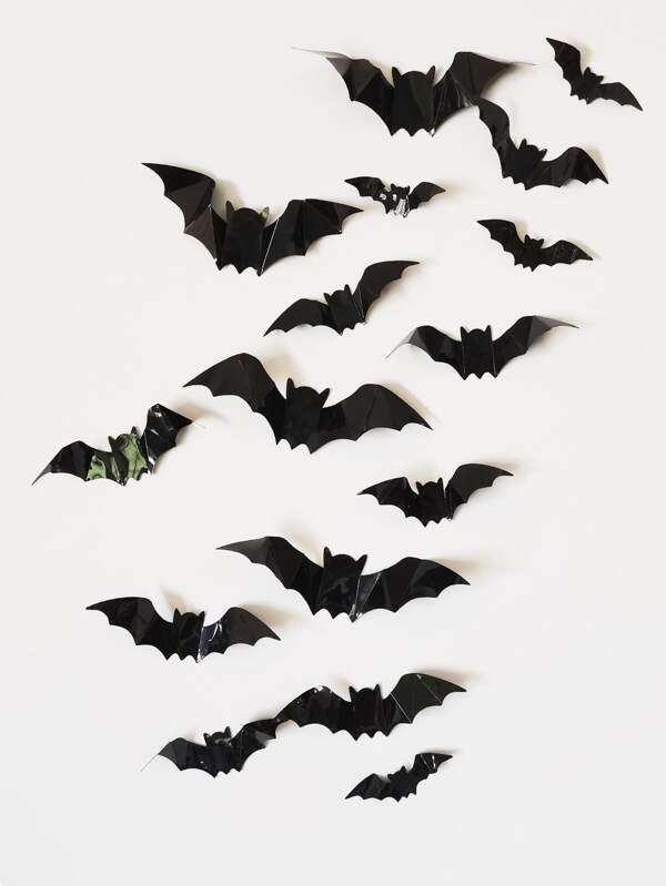 16pcs/set 3D Bat Wall Sticker, Black Adhesive Bat Sticker For Home