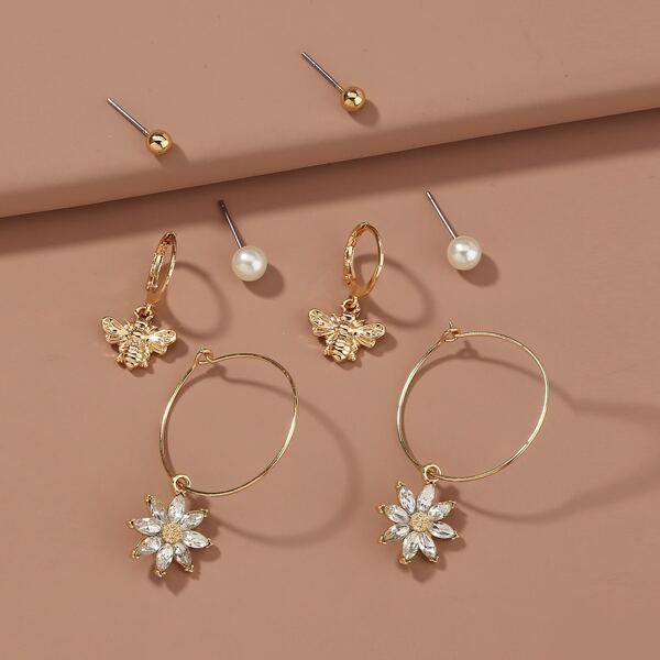 

4pairs Faux Pearl Flower Decor Earrings, Gold