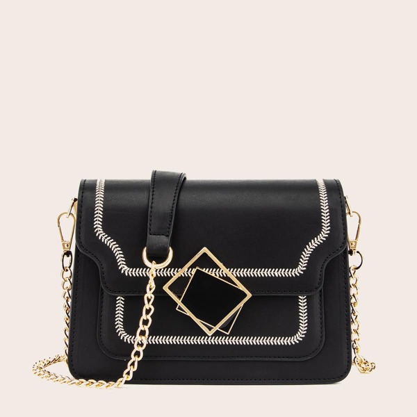 

Stitch Trim Flap Crossbody Bag, Black