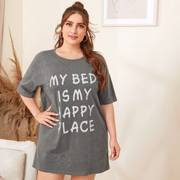

Plus Drop Shoulder Slogan Graphic Nightdress, Grey