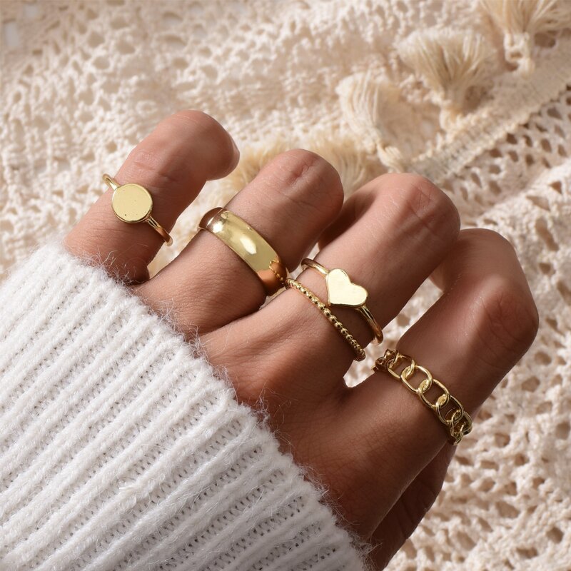 

5pcs Heart Decor Ring, Gold
