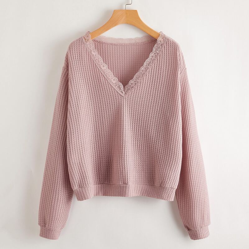 

Lace Trim Waffle Sweater, Dusty pink