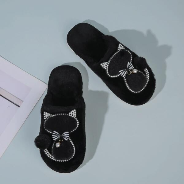 

Bow & Faux Pearl Decor Fluffy Slippers, Black