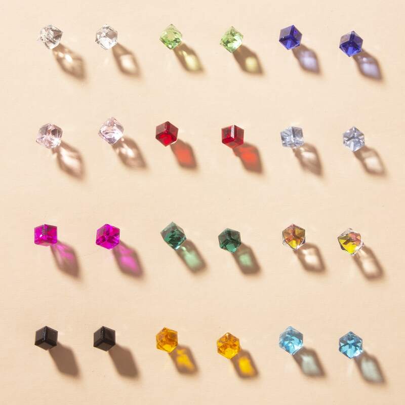 

12pairs Crystal Design Cube Stud Earrings, Multicolor
