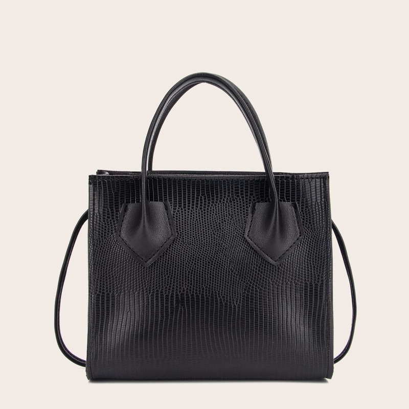 

Lizard Embossed Satchel Bag, Black