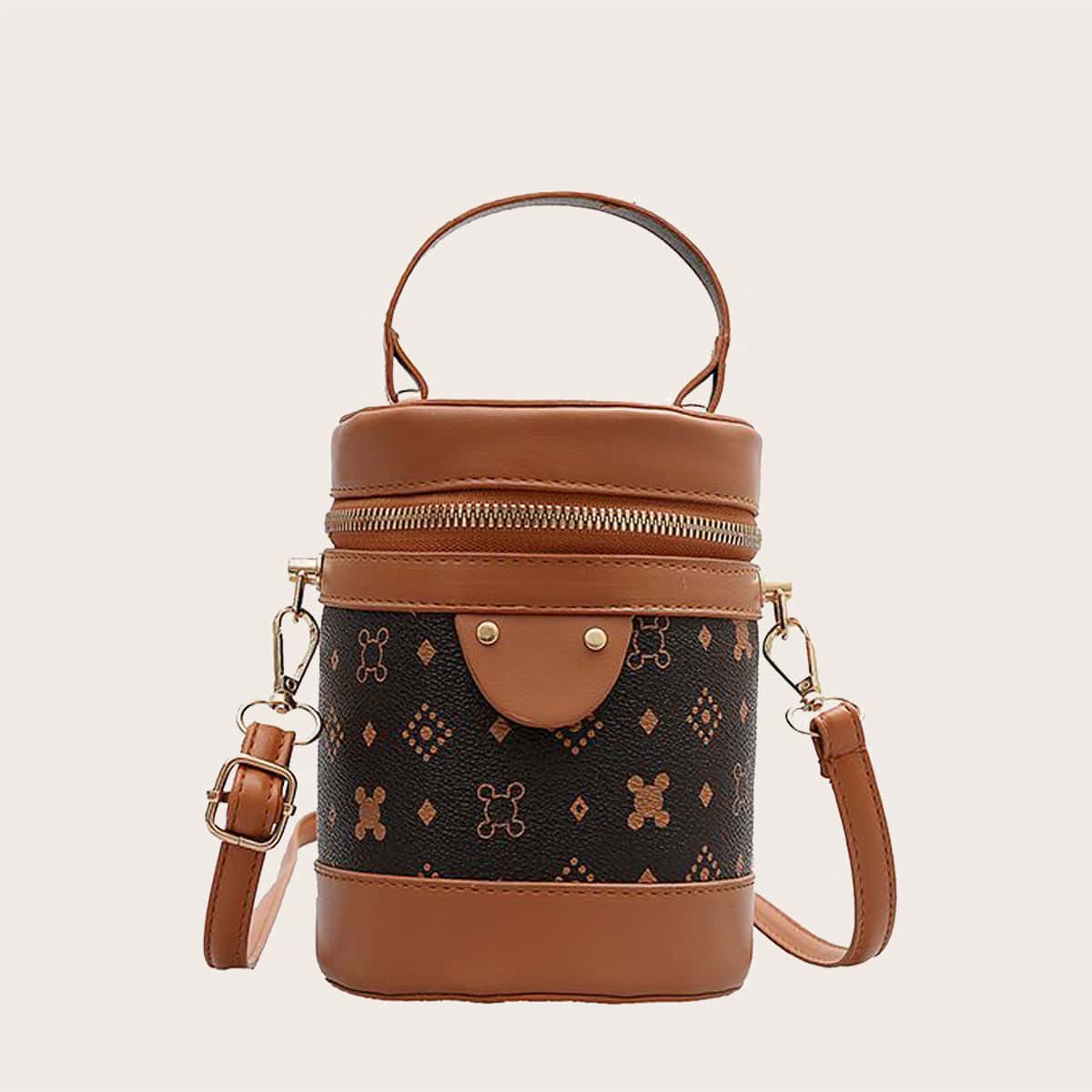 

Geometric Graphic Bucket Bag, Coffee brown