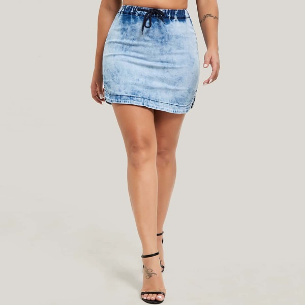

Drawstring Waist Denim Skirt, Light wash