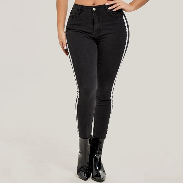 

Curvy High Waist High Stretch Side Striped Skinny Jeans, Black