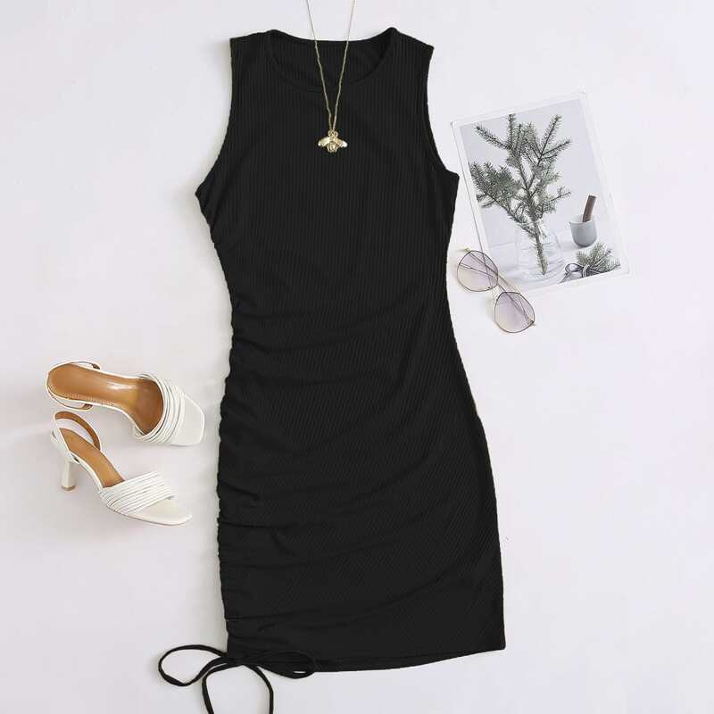 

Ribbed Ruched Drawstring Bodycon Dress, Black
