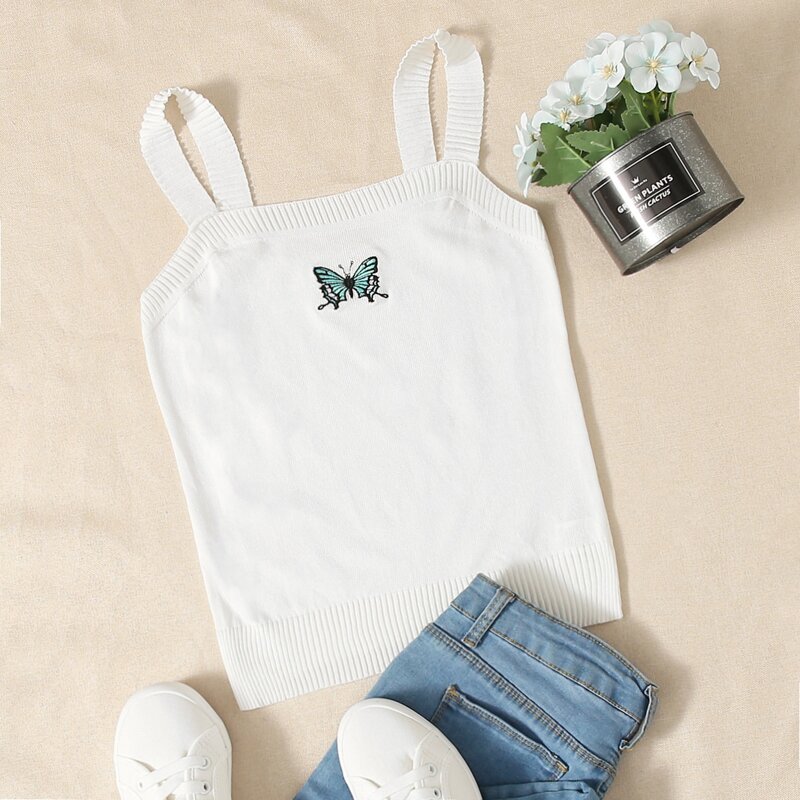 

Butterfly Embroidery Knit Cami Top, White