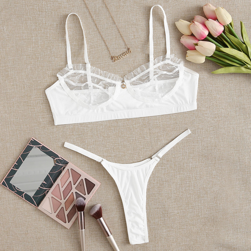 

Contrast Lace Thong Lingerie Set, White
