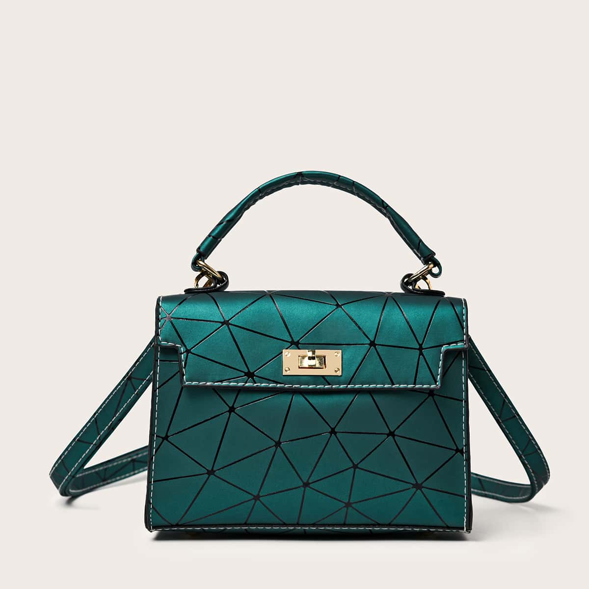 

Geometric Graphic Flap Satchel Bag, Green