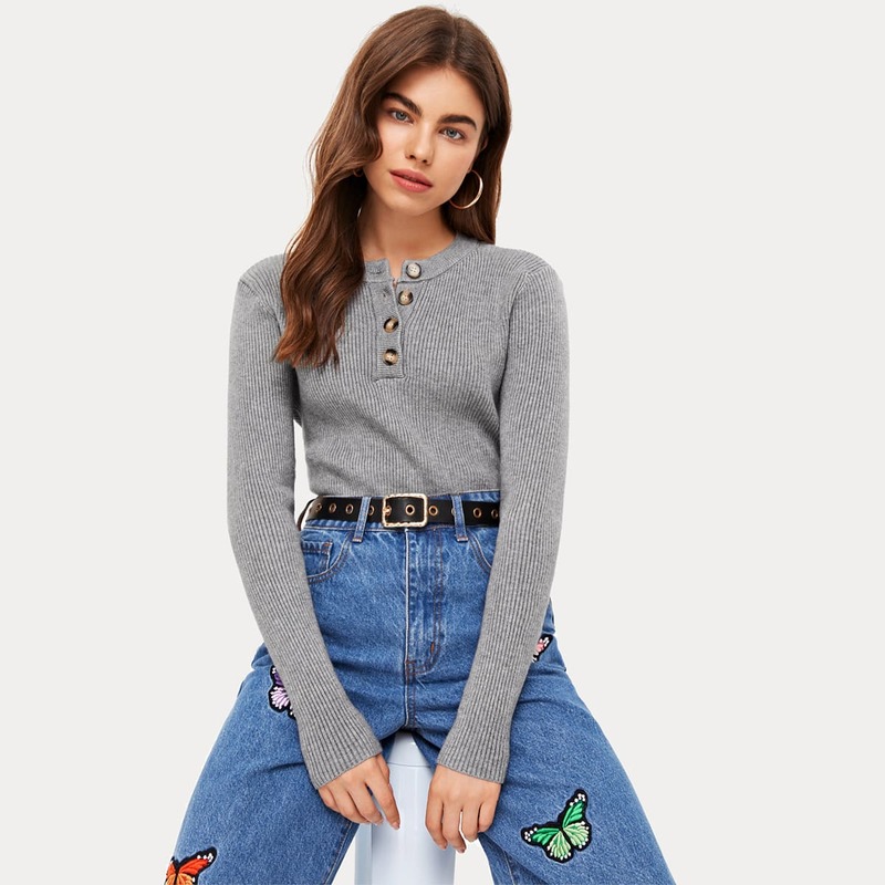

Button Front Ribbed Sweater, Grey