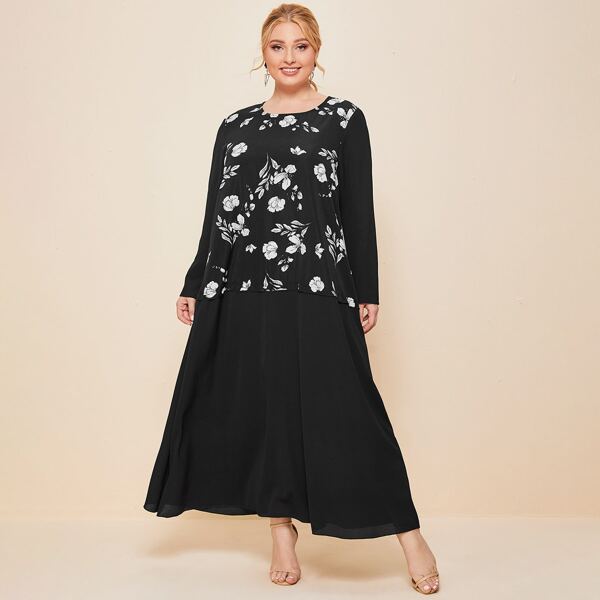 

Plus Contrast Floral Panel Smock Dress, Black