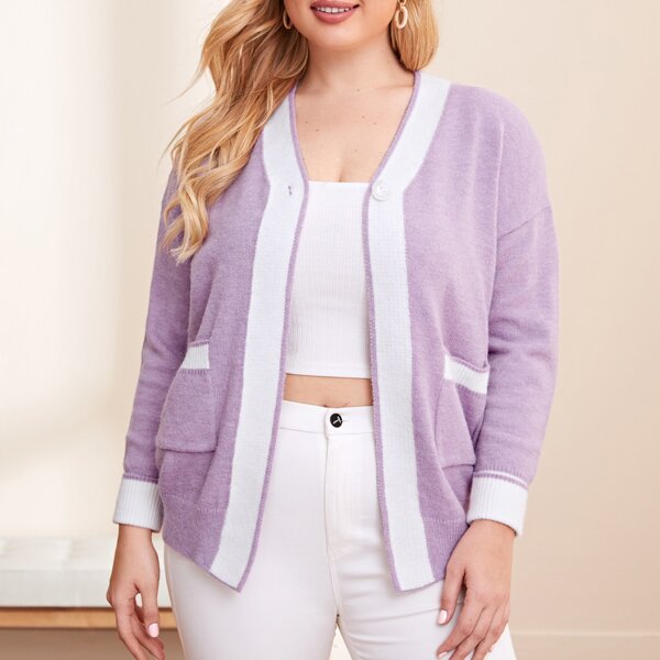 

Plus Contrast Trim Dual Pocket Cardigan, Lilac purple