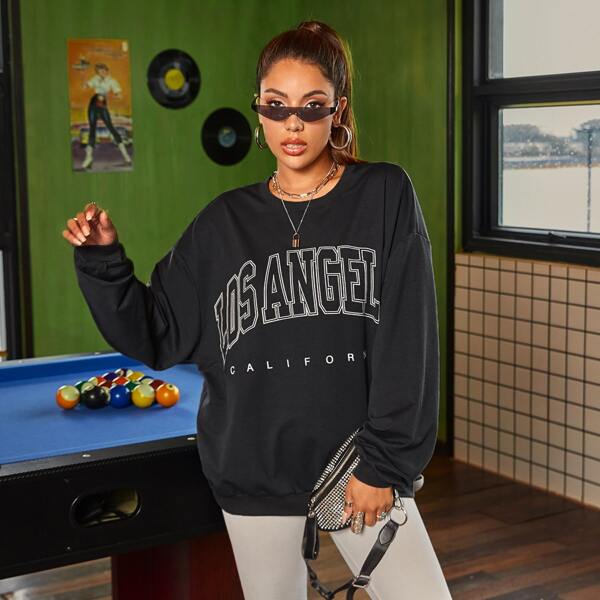 

Letter Graphic Drop Shoulder Sweatshirt, Black