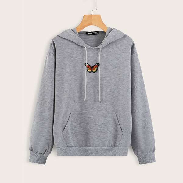 

Butterfly Patched Kangaroo Pocket Drawstring Hoodie, Grey