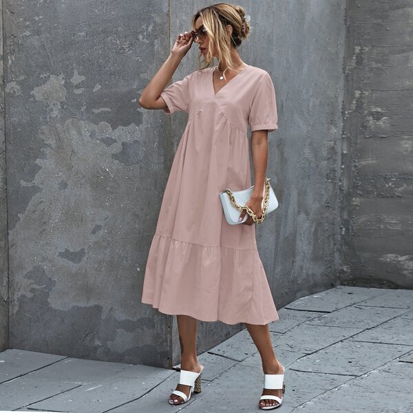 

Tie Back Ruffle Hem Smock Dress, Baby pink