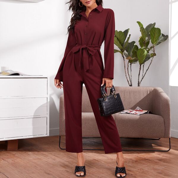 

Button Front Self Belted Shirt Jumpsuit, Maroon