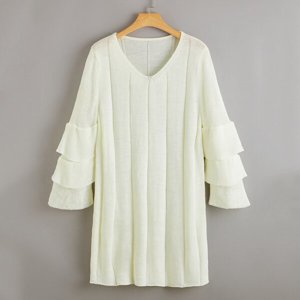 

Plus V-neck Layered Sleeve Sweater Dress, Beige