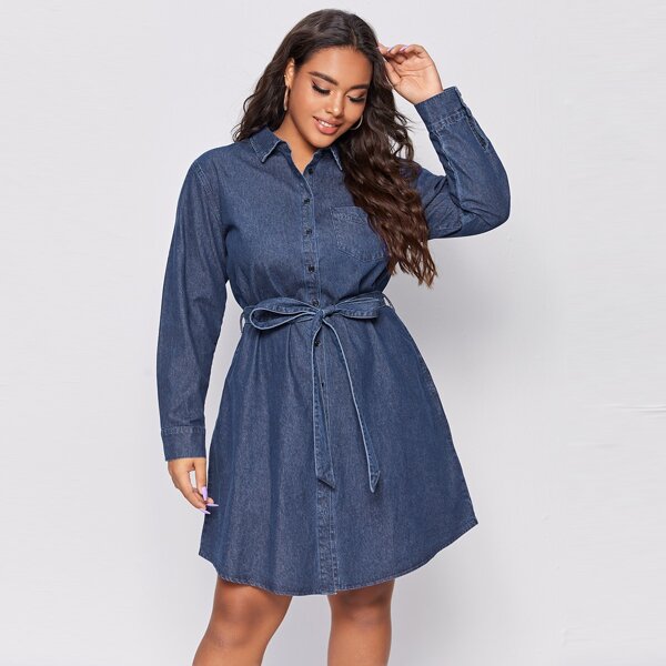 

Plus Dark Wash Belted Denim Shirt Dress, Navy blue