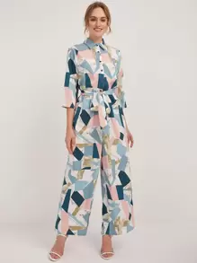 SHEIN 幾何圖案紐扣半開襟腰帶連身長褲 - 彩色 - 查看 1