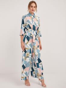 SHEIN 幾何圖案紐扣半開襟腰帶連身長褲 - 彩色 - 查看 3