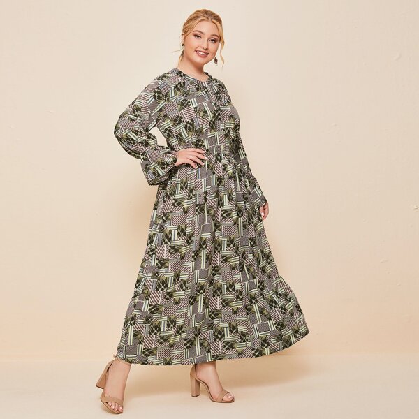 

Plus Tie Neck Flounce Sleeve Patchwork Dress, Multicolor