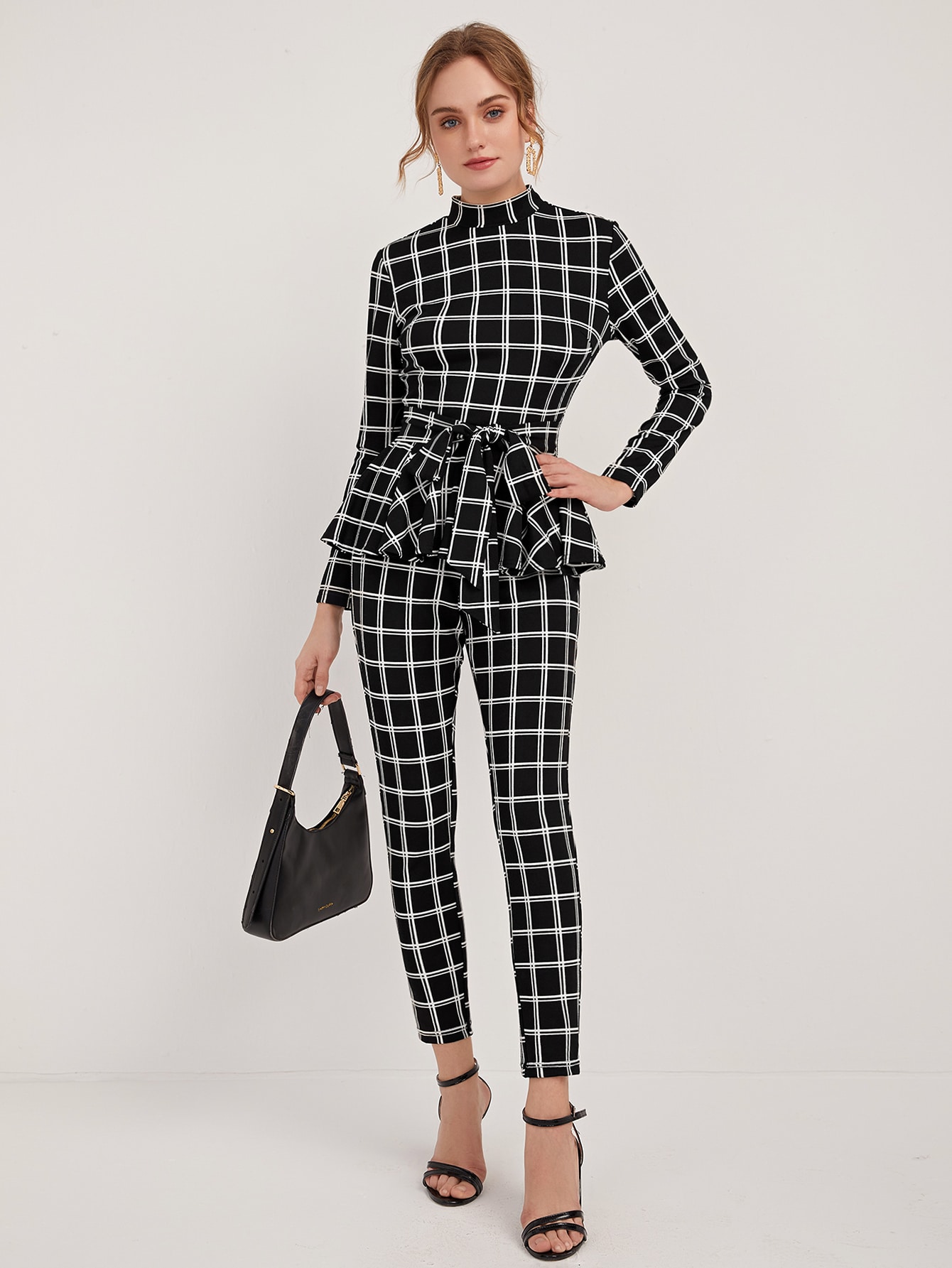 Mock Neck Belted Plaid Peplum Top & Pants Set thumbnail