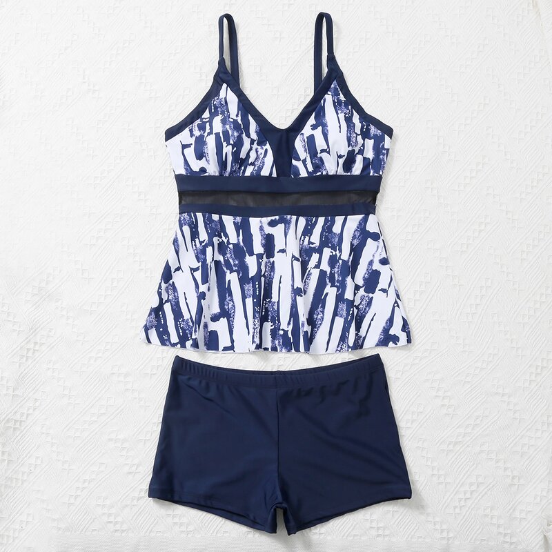

Graphic Print Contrast Mesh Bikini Swimsuit, Multicolor