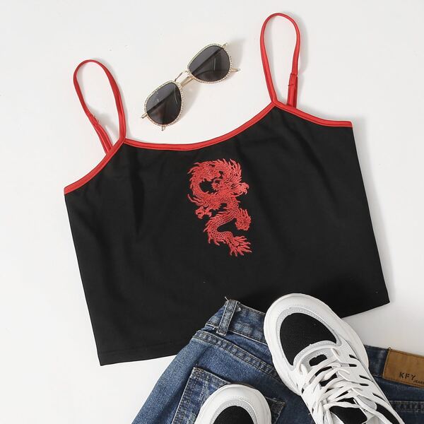 

Plus Chinese Dragon Graphic Contrast Binding Cami Top, Black