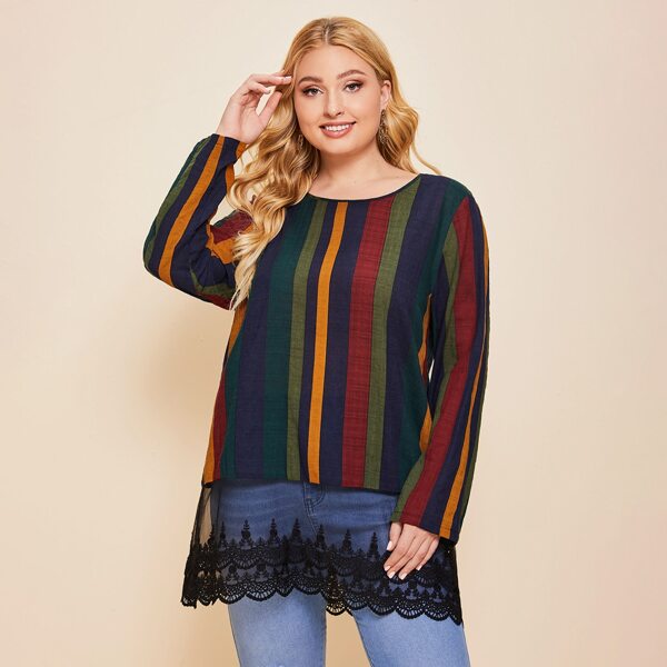 

Plus Lace Panel Vertical Striped Blouse, Multicolor