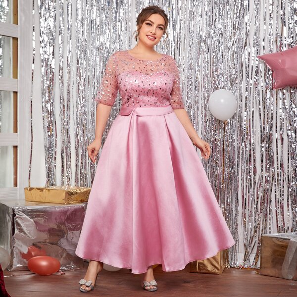 

Plus Sequin Mesh Panel Maxi Prom Dress, Baby pink