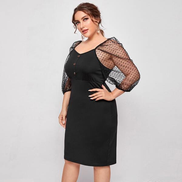 

Plus Dobby Mesh Sleeve Button Front Fitted Dress, Black