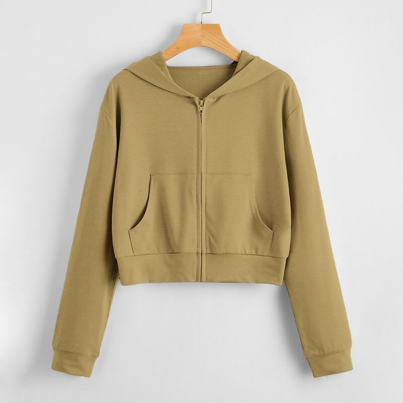 

Zip Up Solid Hoodie, Khaki