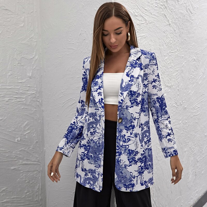 

Chinese Dragon Print Lapel Neck Blazer, Blue and white
