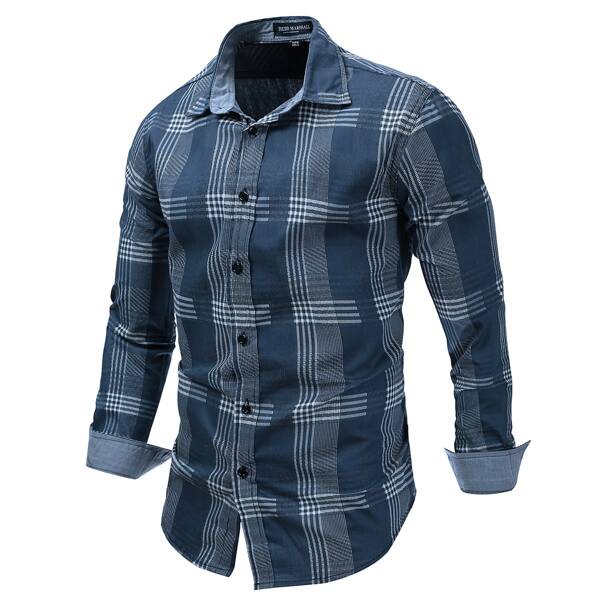 

Men Plaid Button Up Denim Shirt, Dark wash