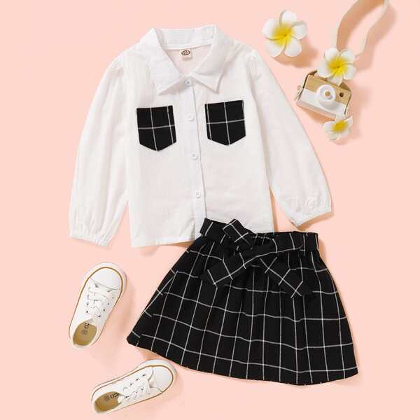 

Toddler Girls Pocket Patched Blouse & Belted Plaid Skirt, Black and white