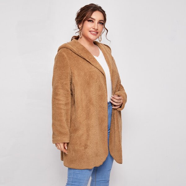 

Plus Open Front Hooded Teddy Coat, Brown