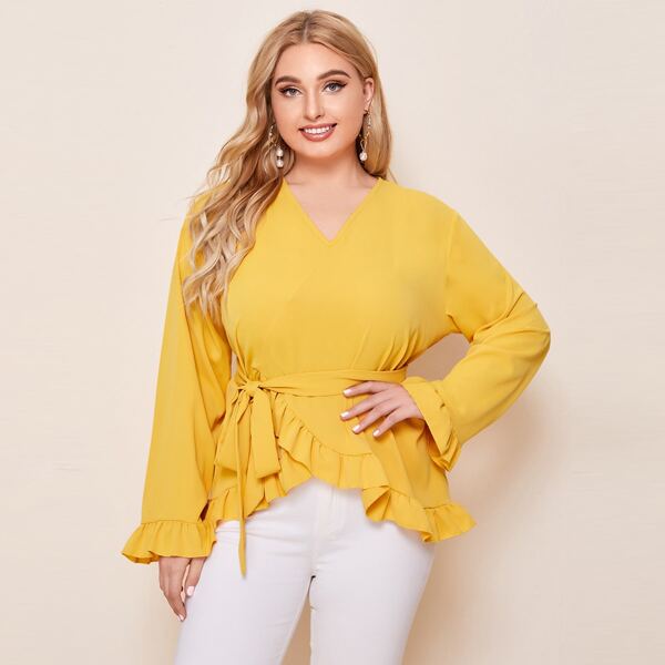 

Plus Asymmetrical Ruffle Hem Belted Blouse, Yellow