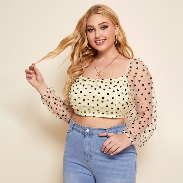 

Plus Polka Dot Square Neck Crop Top, Beige